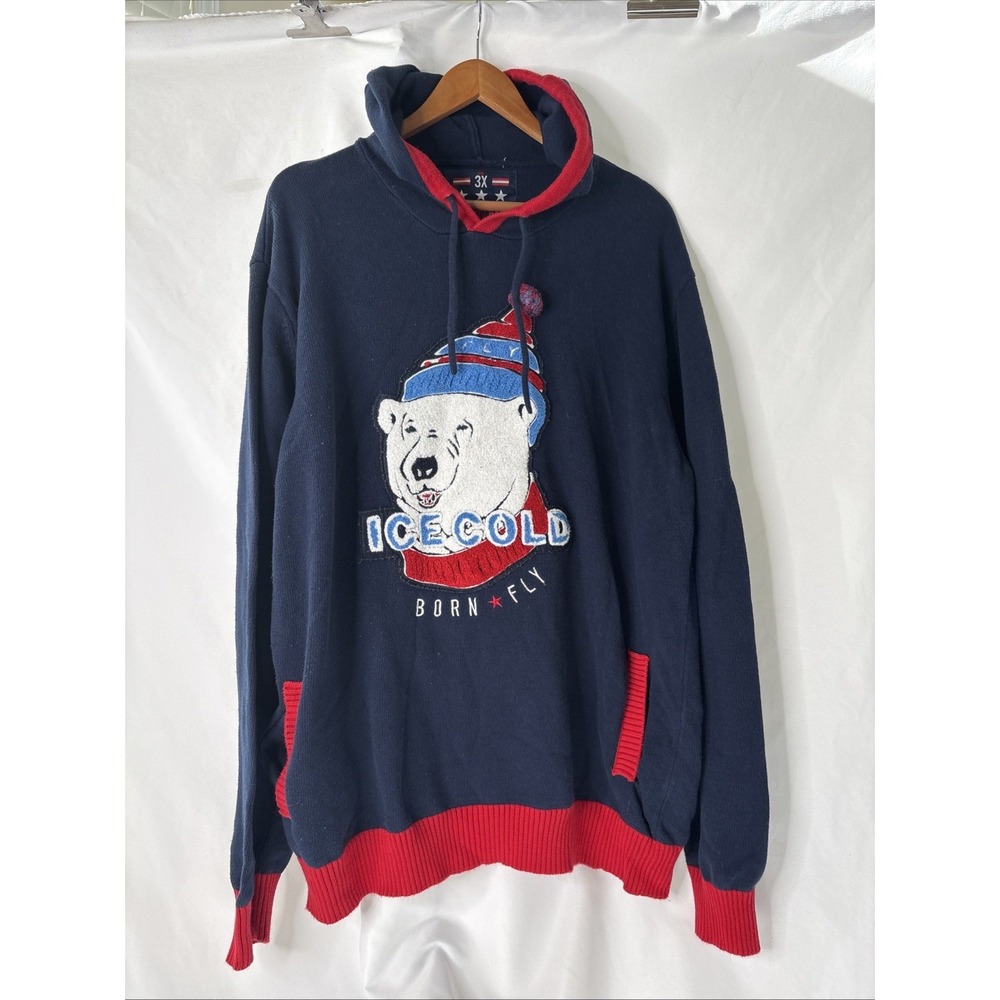 Born Fly Ice Cold Men 3X Polar Bear Streetwear Pullover Hoodie Sweater Navy Blue